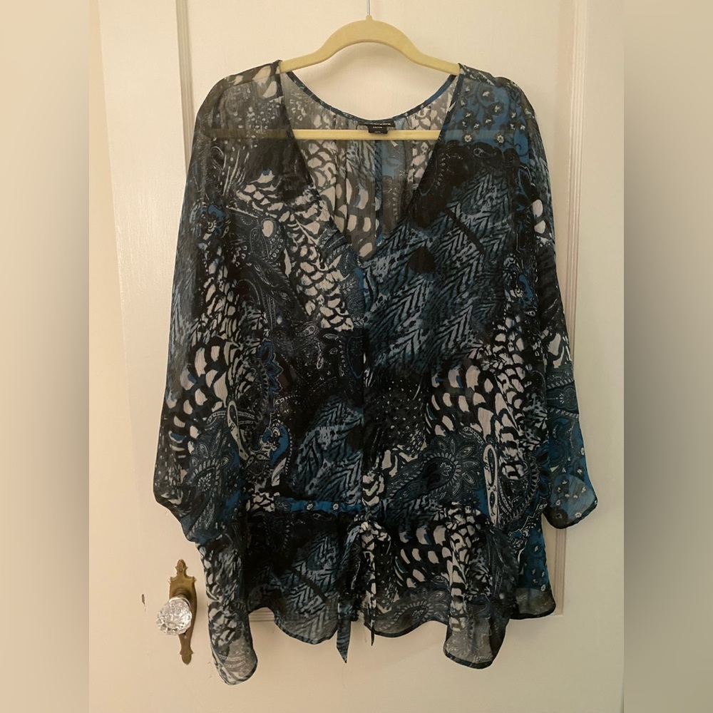 Sheer Peplum Blouse - Black, teal, white abstract print